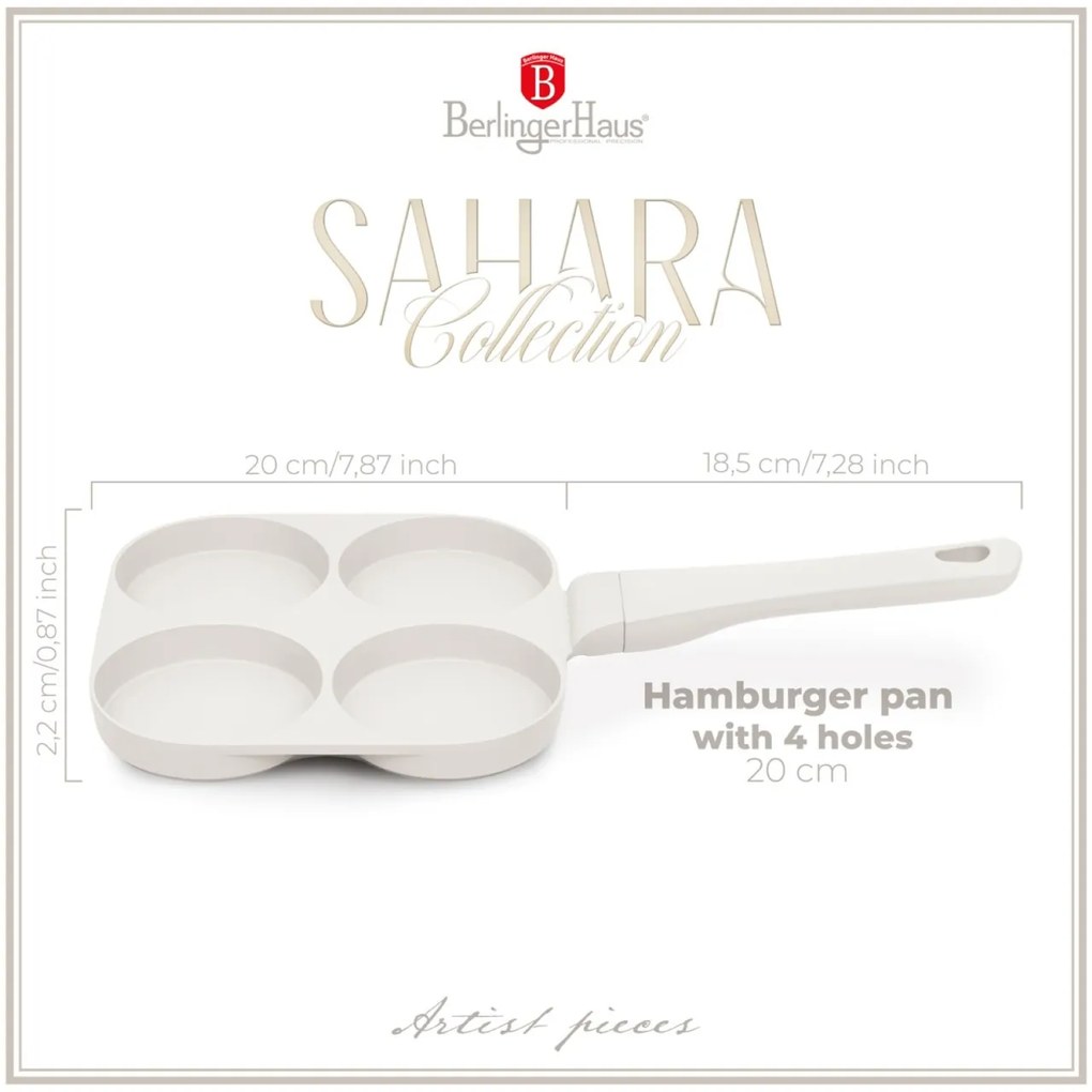 Tigaie cu 4 forme pentru hamburgeri 20 cm Sahara Berlinger Haus BH 7798, antiaderenta, crem