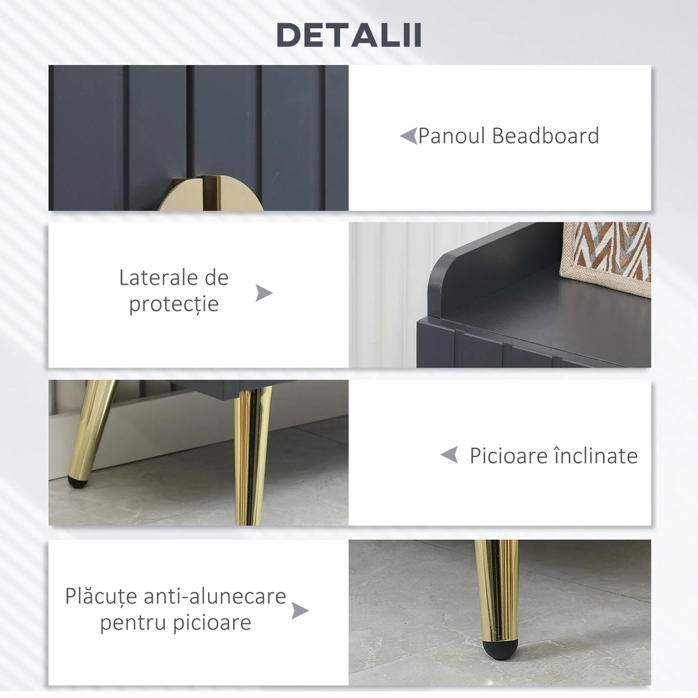 HOMCOM Dulap de pantofi modern cu 4 niveluri, cu 2 usi si rafturi reglabile pentru pana la 15 pantofi, din PAL si otel, 60x33x100 cm, gri si auriu | Aosom Romania