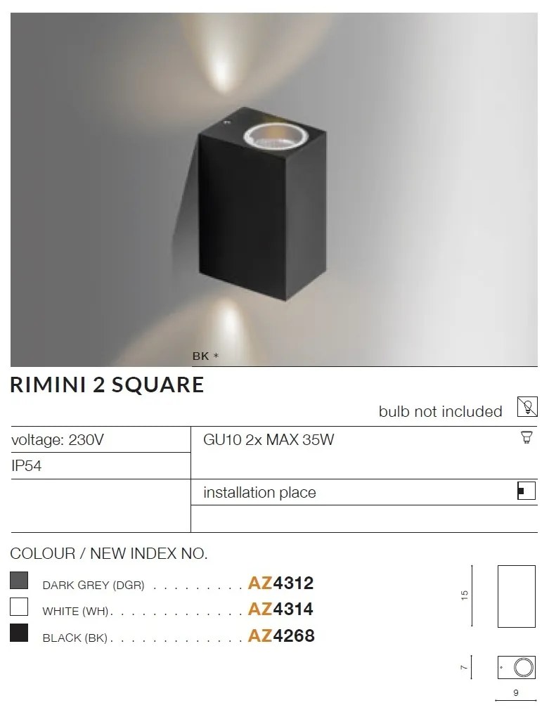 Aplica de perete exterior ambientala IP54 RIMINI 2 SQUARE WH
