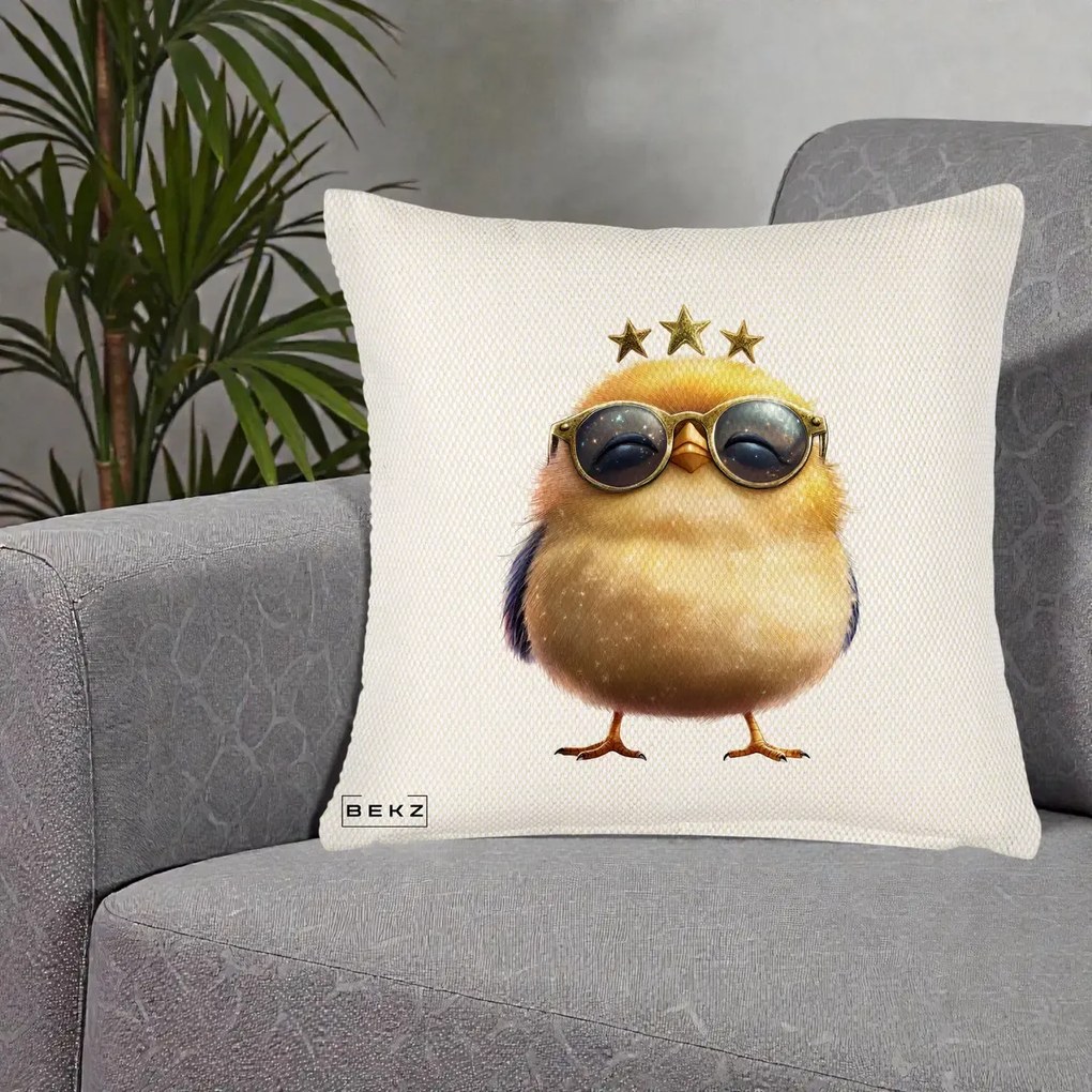 Perna Decorativa Pui Gold Star cu Ochelari Aurii, 40x40 cm, Crem Reliefat, Husa Detasabila, Perna Inclusa, BEKZ®