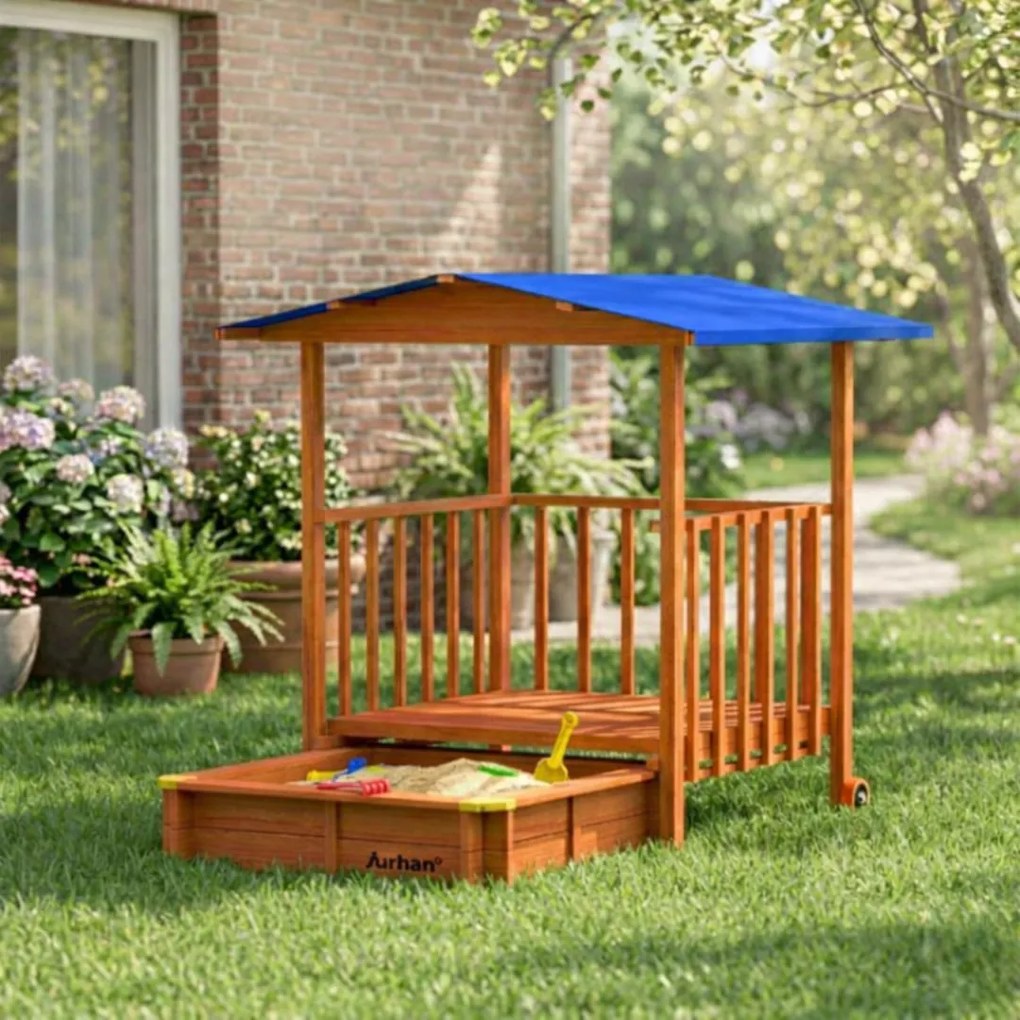 Groapa cu nisip cu verandă SUNNY, 130x130x143cm, maro/albastră Jurhan