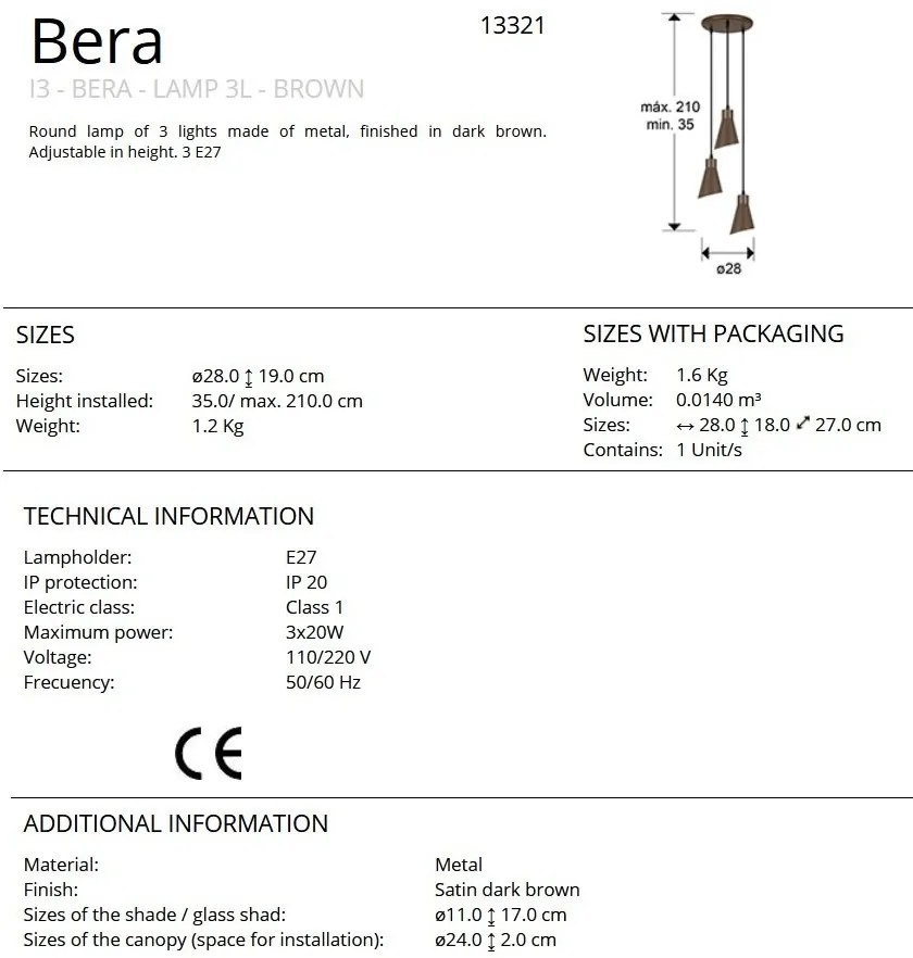 Lustra cu 3 pendule din metal maro inchis satinat Bera