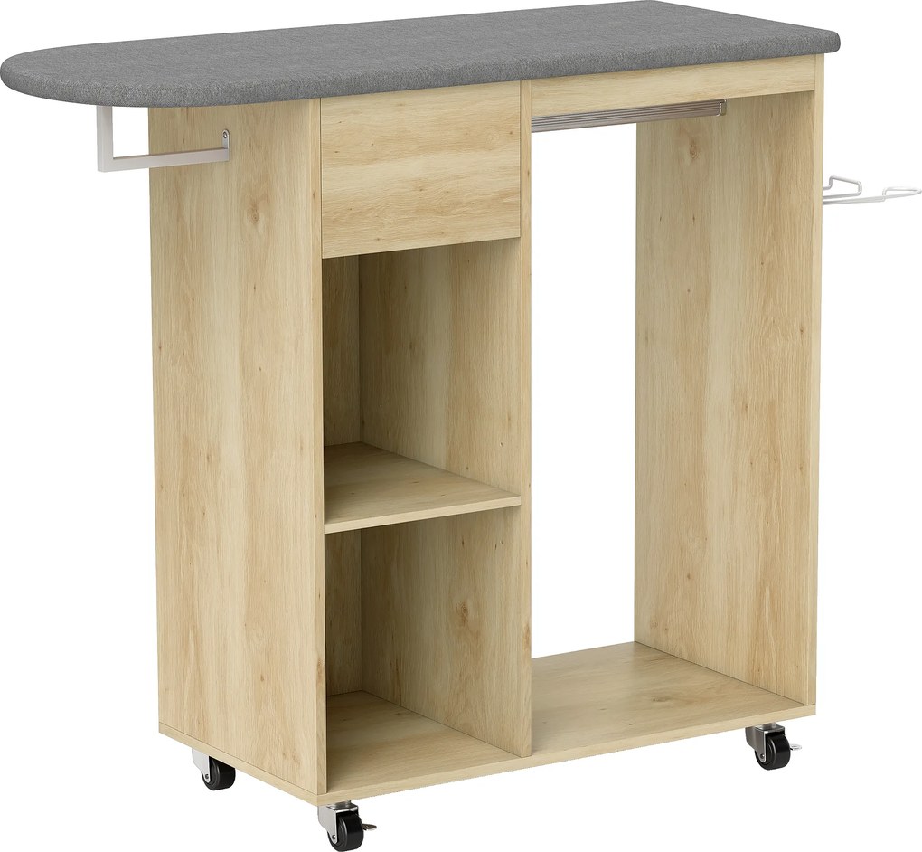 HOMCOM Dulap pentru călcat din lemn masă de călcat pe roți bară de suspendare raft 125 x 43,5 x 102,5 cm lemn natural | Aosom Romania