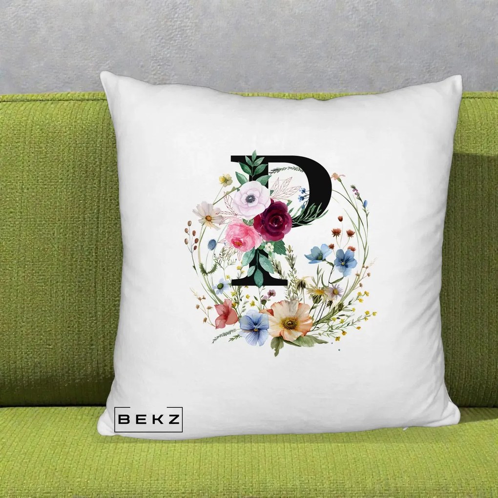 Cadou Personalizat - Perna Personalizata Monogram Litera P cu Flori Acuarela, 40x40 cm, Alb Pufos, Husa Detasabila, Perna Inclusa, BEKZ®