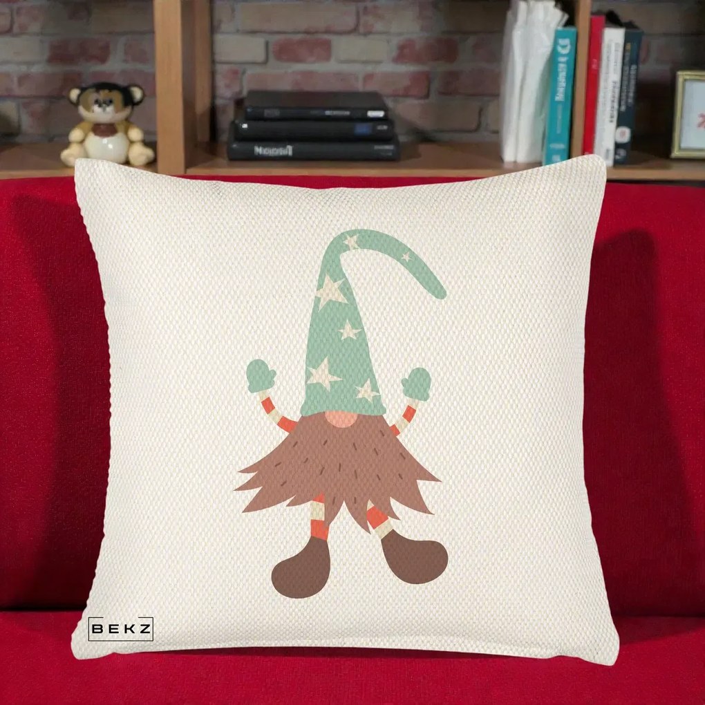 Perna Decorativa Pitic Gnom Nordic cu Cadou Menta, 40x40 cm, Crem Reliefat, Husa Detasabila, Perna Inclusa, BEKZ®