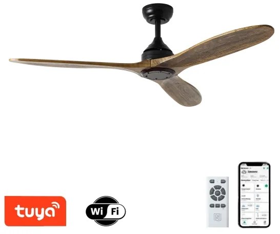 ZEVENTI - Ventilator de tavan LAURIA Wi‑Fi Tuya, negru/stejar, cu telecomandă