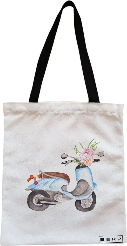 Sacosa de Panza pentru Cumparaturi, Geanta Tote, model Floral Bike, Cu fermoar, 38x34.5 cm, Alba, BEKZ®