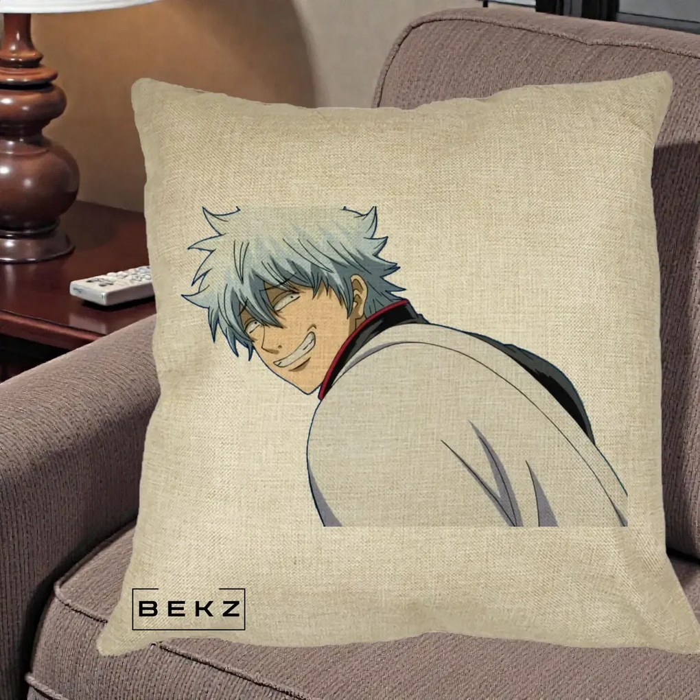 Perna Personalizata Gintama Gintoki Portret cu Zambet, 40x40 cm, Crem, Husa Detasabila, Perna Inclusa, BEKZ®