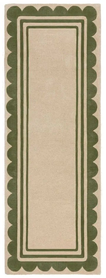 Covor tip traversă verde/în culoare naturală țesut manual din lână 80x230 cm Lois Scallop – Flair Rugs