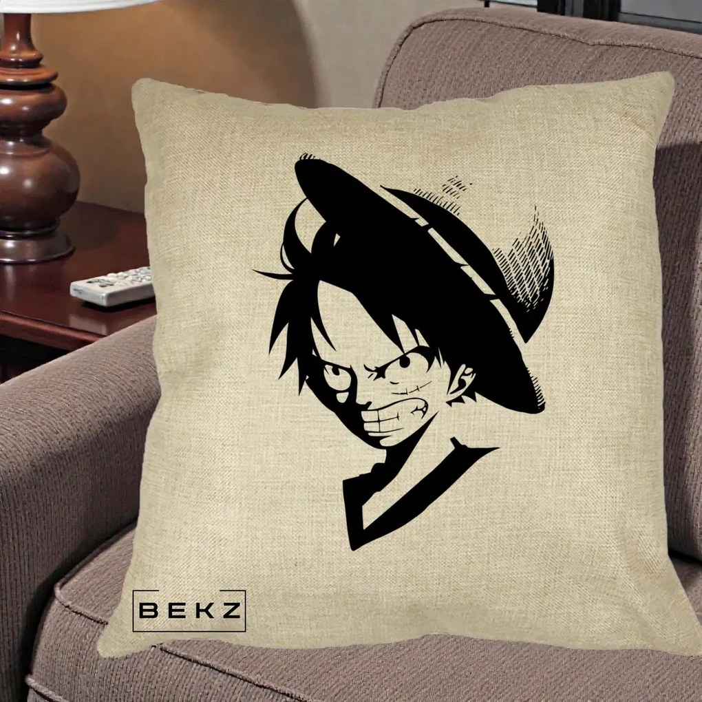Perna Personalizata One Piece Luffy Silueta Alb-Negru, 40x40 cm, Crem, Husa Detasabila, Perna Inclusa, BEKZ®