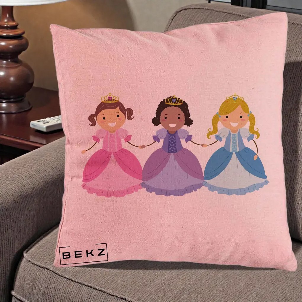 Perna Personalizata Printese Diverse Ilustratie, 40x40 cm, Roz, Husa Detasabila, Perna Inclusa, BEKZ®