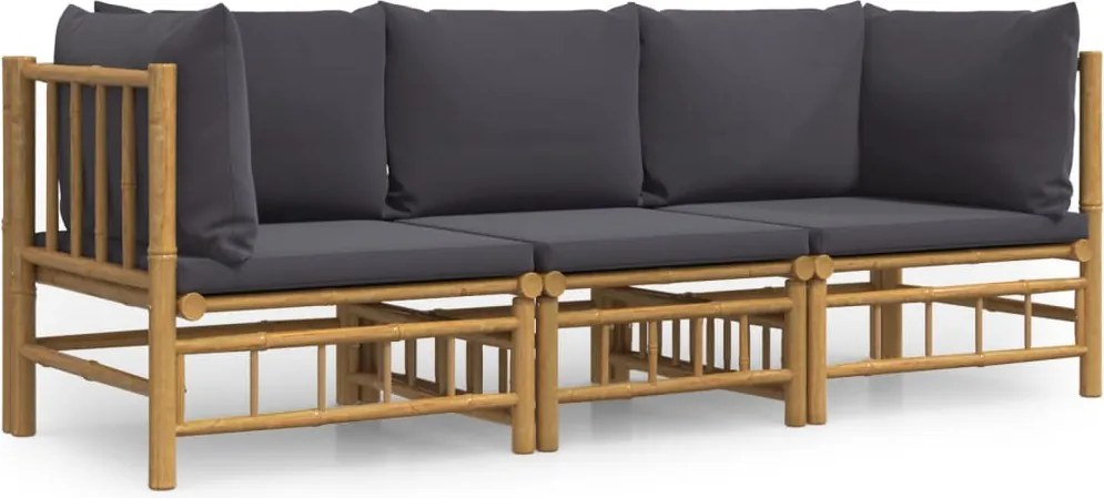 vidaXL Set mobilier de grădină, perne gri închis, 3 piese, bambus