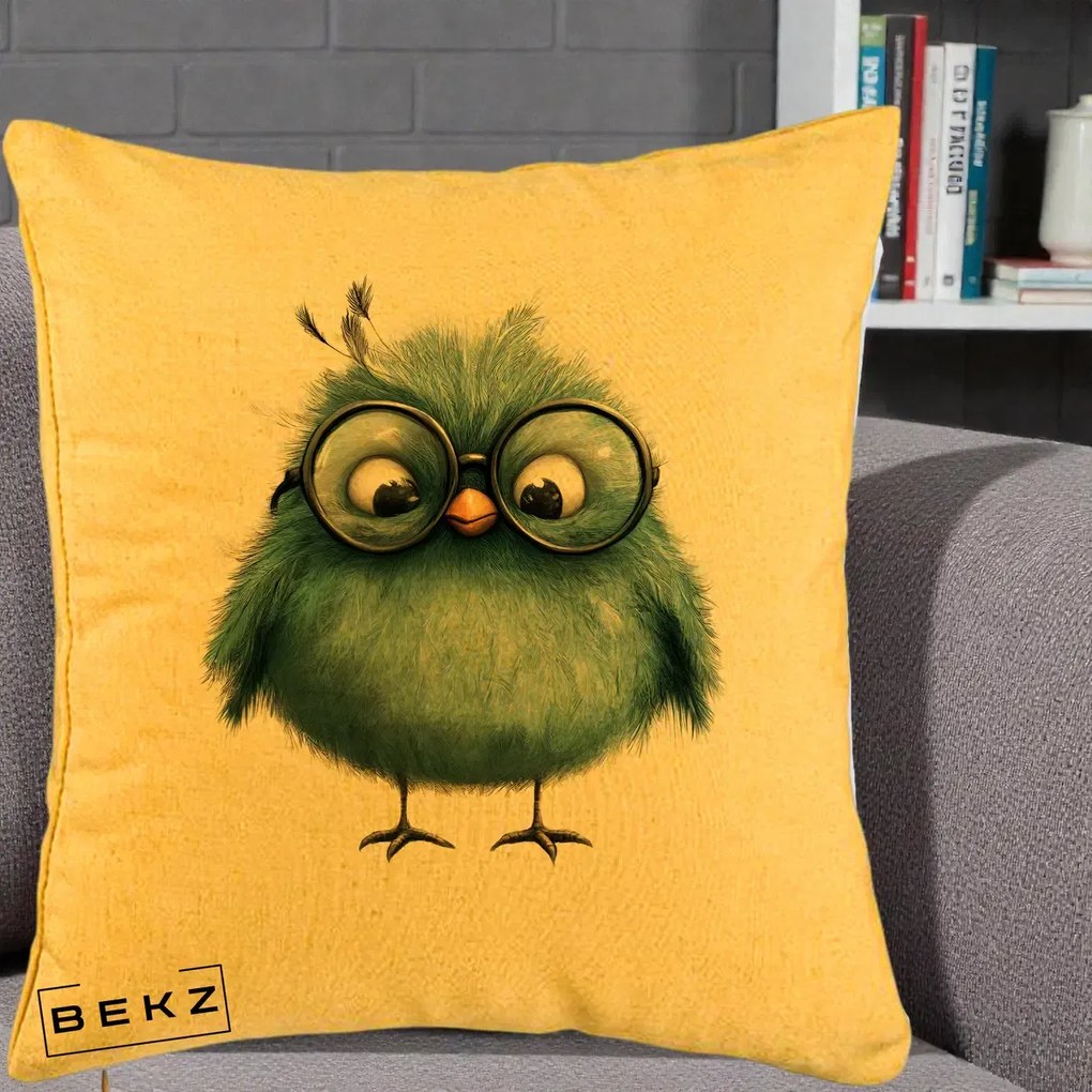 Perna Decorativa Pui Teal cu Ochelari Rotunzi, 40x40 cm, Galben, Husa Detasabila, Perna Inclusa, BEKZ®