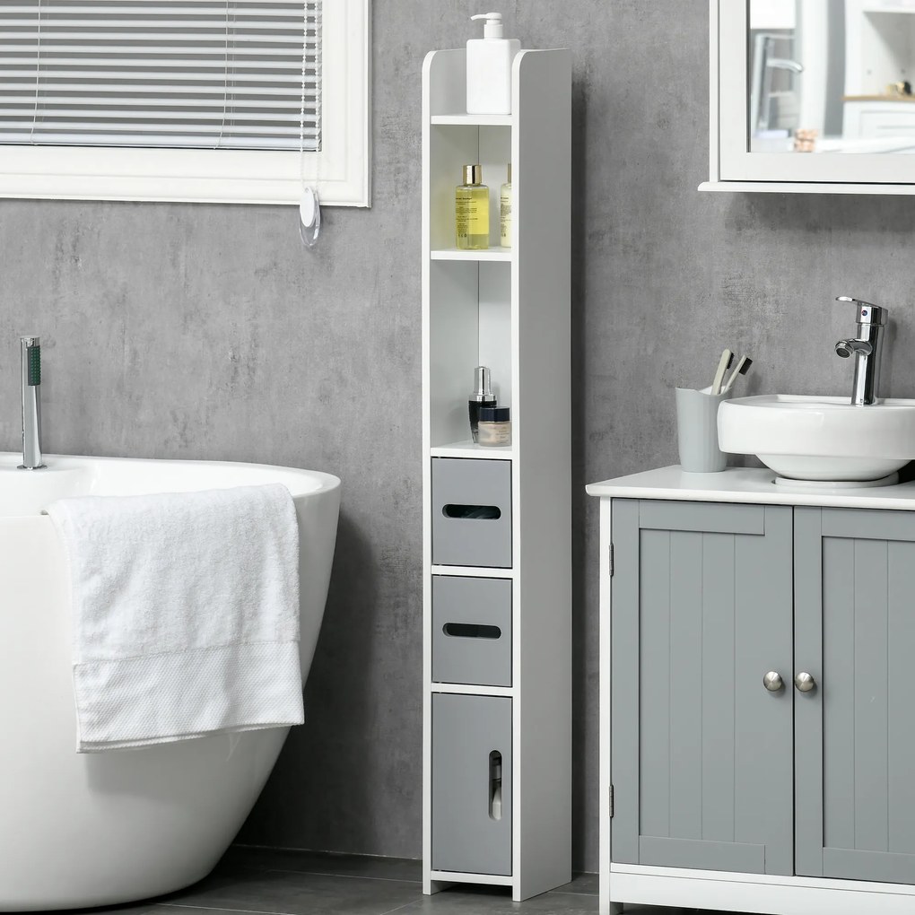 Coloană de Baie Kleankin cu Rafturi și Dulapuri, Organizator Lemn, Design Modern 15x17x120cm, Alb și Gri | Aosom Romania