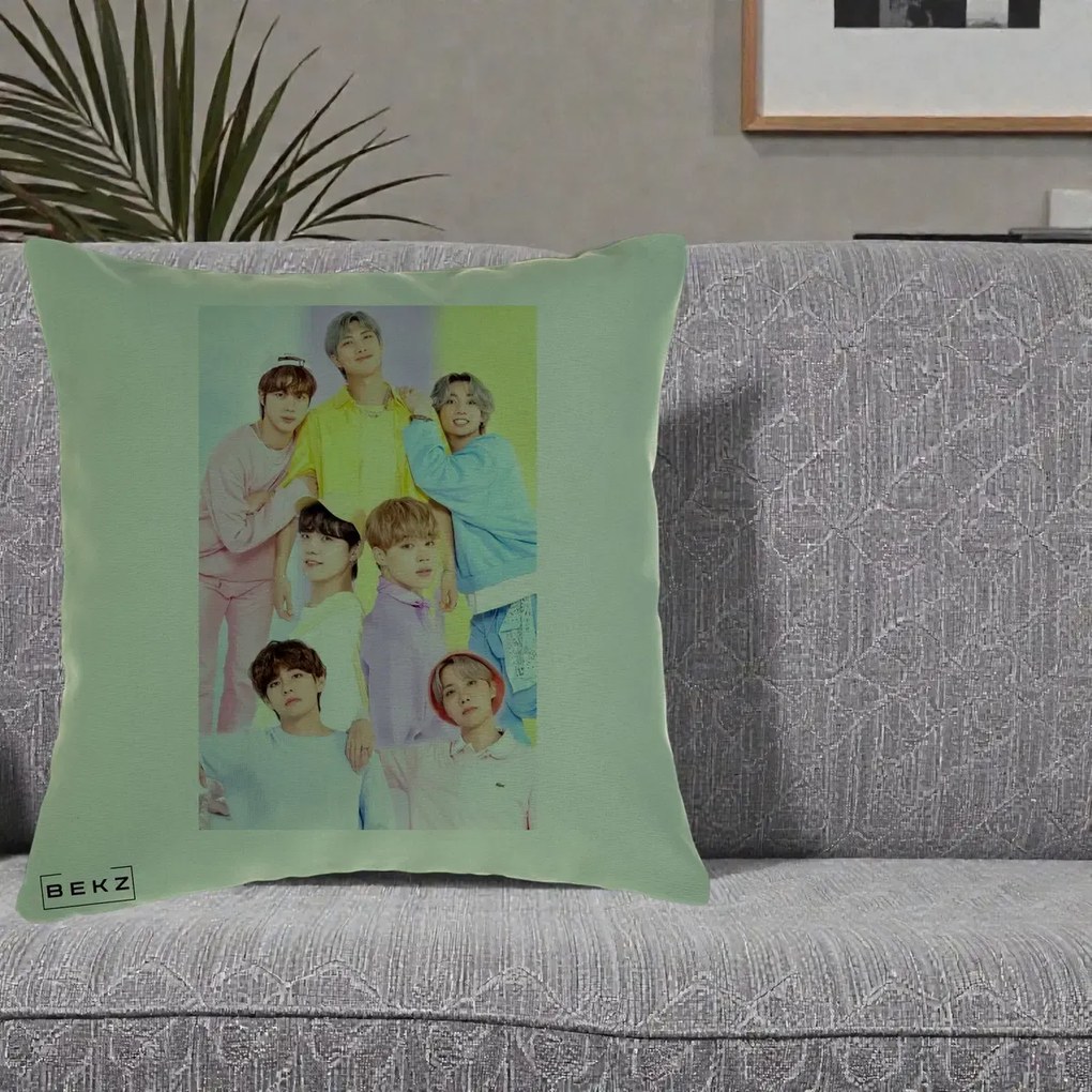 Perna Personalizata K-pop BTS Foto Grup Pastel Colorat cu 7 Membrii, 40x40 cm, Verde, Husa Detasabila, Perna Inclusa, BEKZ®