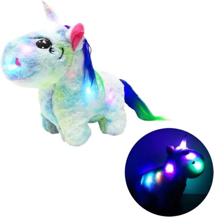 Unicorn din plus iluminat LED, 30x26cm, albastru