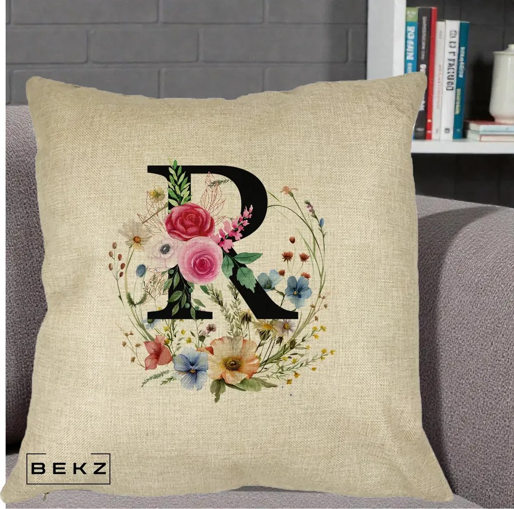 Cadou Personalizat - Perna Personalizata Monogram Litera R cu Flori Acuarela, 40x40 cm, Crem, Husa Detasabila, Perna Inclusa, BEKZ®