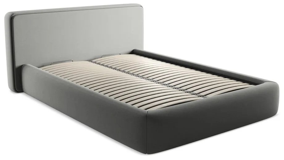 Pat matrimonial gri tapițat cu spațiu de depozitare cu somieră 140x200 cm Kiana – Makamii