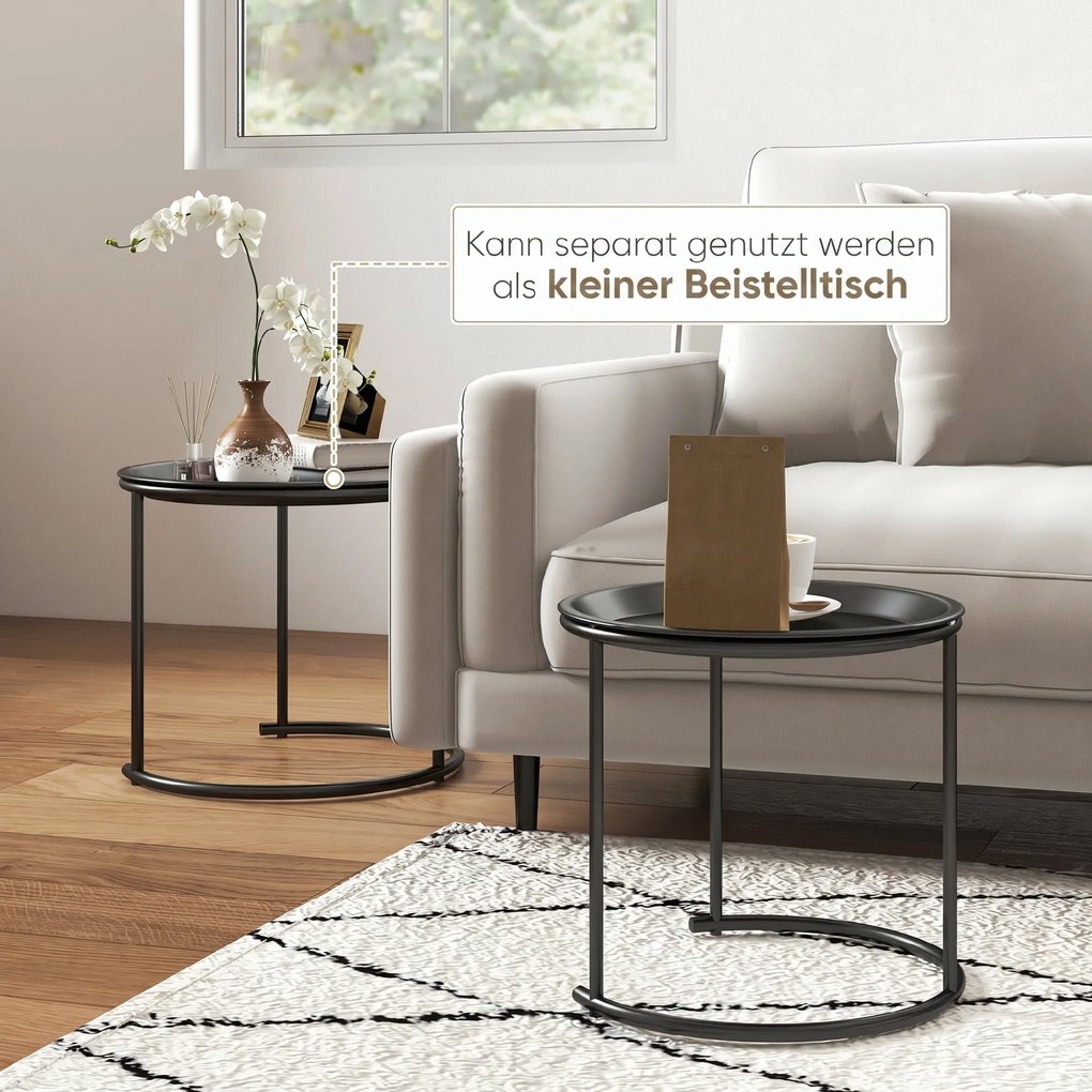 HOMCOM Set 2 Măsuțe de Cafea Suprapozabile, Măsuțe Joase Rotunde cu Tavă Detașabilă din Oțel, Ø 43x38 cm,  Negru | Aosom Romania
