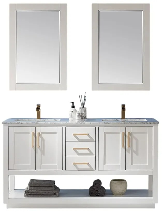 SET MOBILIER BAIE, DULAP LEMN 3 SERTARE CU DUBLU LAVOAR, BLAT PIATRA ALBA + OGLINDA RAMA LEMN, ARIETTE 150.4X54.8X84 CM, ALB