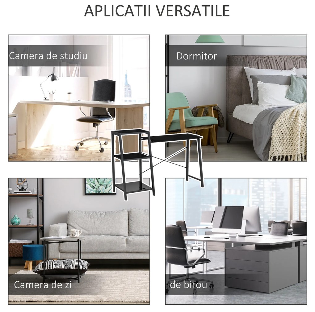 HOMCOM Birou pentru camera si birou cu raft 3 rafturi, birou modern din sticla si metal, 126x45x86.7cm, negru