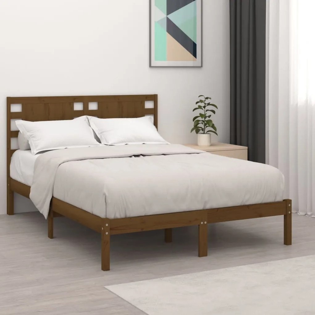 3104196 vidaXL Cadru de pat dublu, maro miere, 135x190 cm, lemn masiv