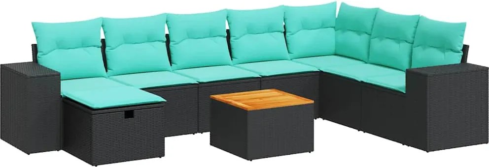 vidaXL Set mobilier de grădină cu perne, 9 piese, negru, poliratan