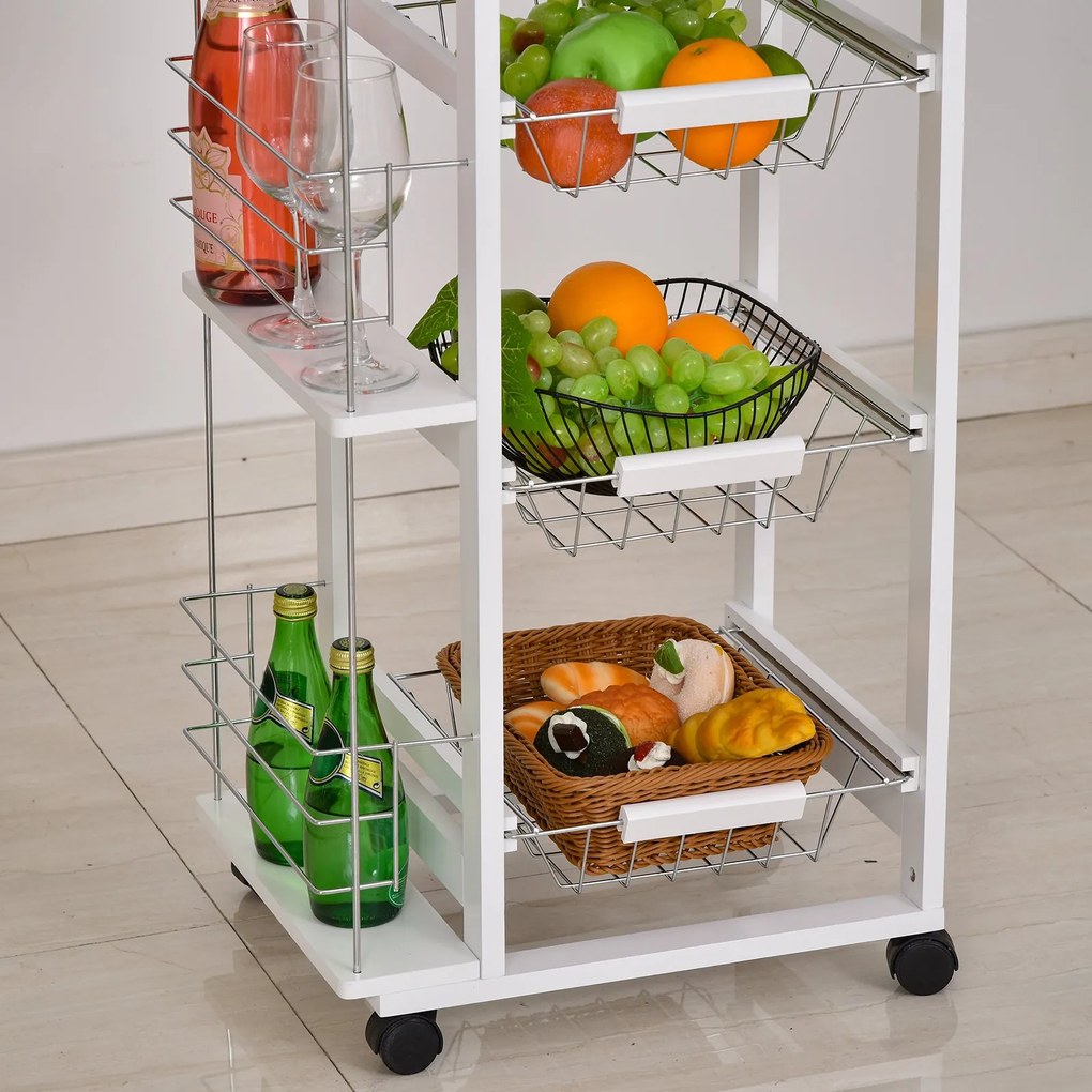 Carucior de Bucatarie, Lemn de Pin Alb, 4 Roti, Sertar, Cosuri Detasabile, 47x37x83cm HOMCOM | Aosom Romania