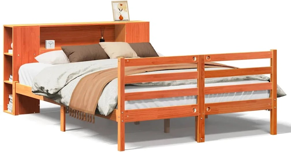 vidaXL Pat cu bibliotecă fără saltea maro 150x200 cm lemn masiv de pin