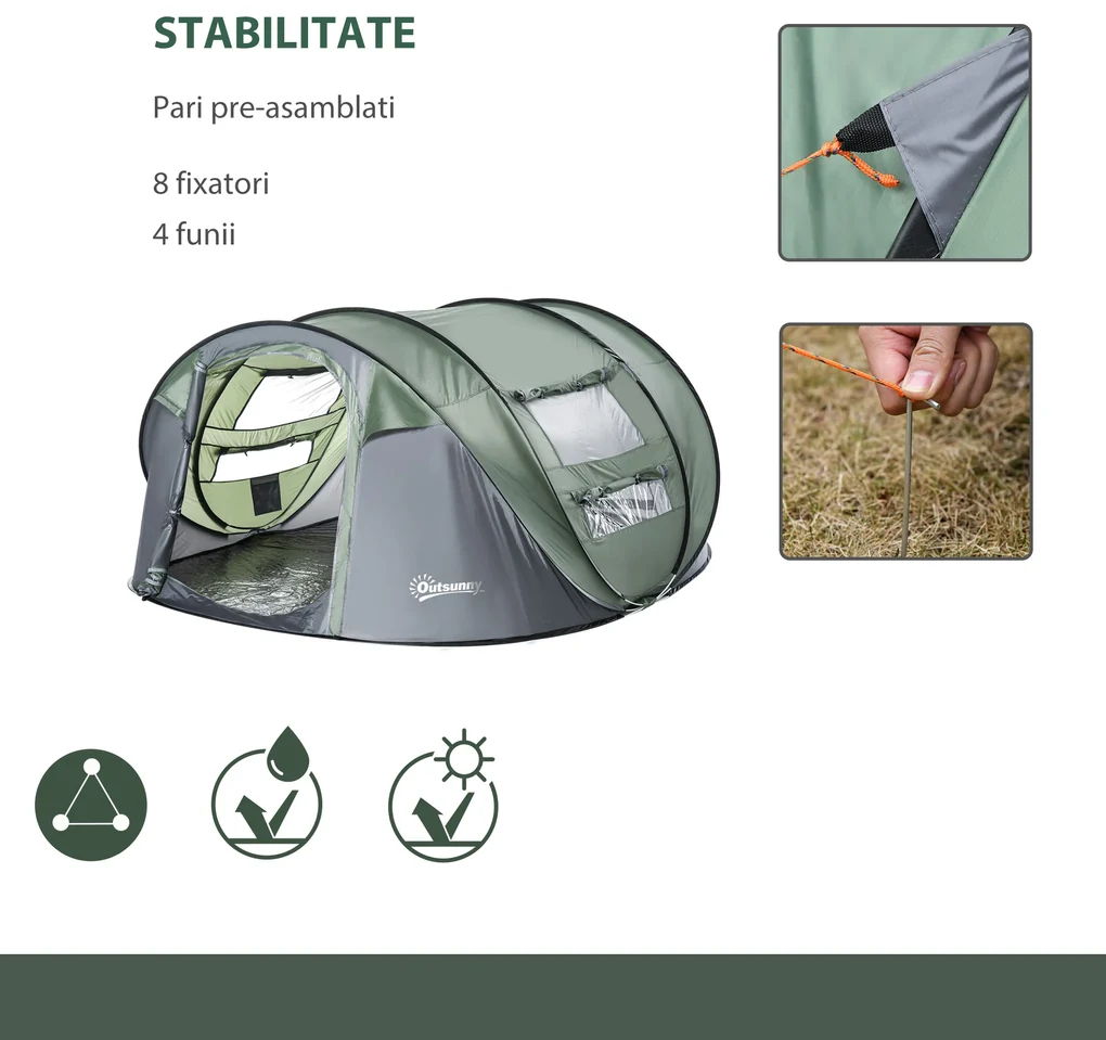 Outsunny Cort de Camping Pop Up pentru 2 Persoane cu 2 Uși, 4 Ferestre și Înveliș Impermeabil, 263.5x220x123 cm, Verde | Aosom Romania