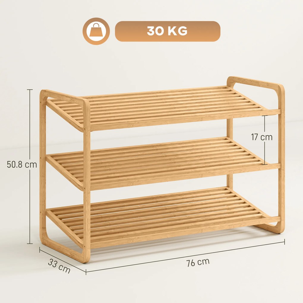 HOMCOM Etajeră pentru pantofi cu 3 rafturi pentru 12 perechi de pantofi din bambus 76x33x50.8 cm | Aosom Romania
