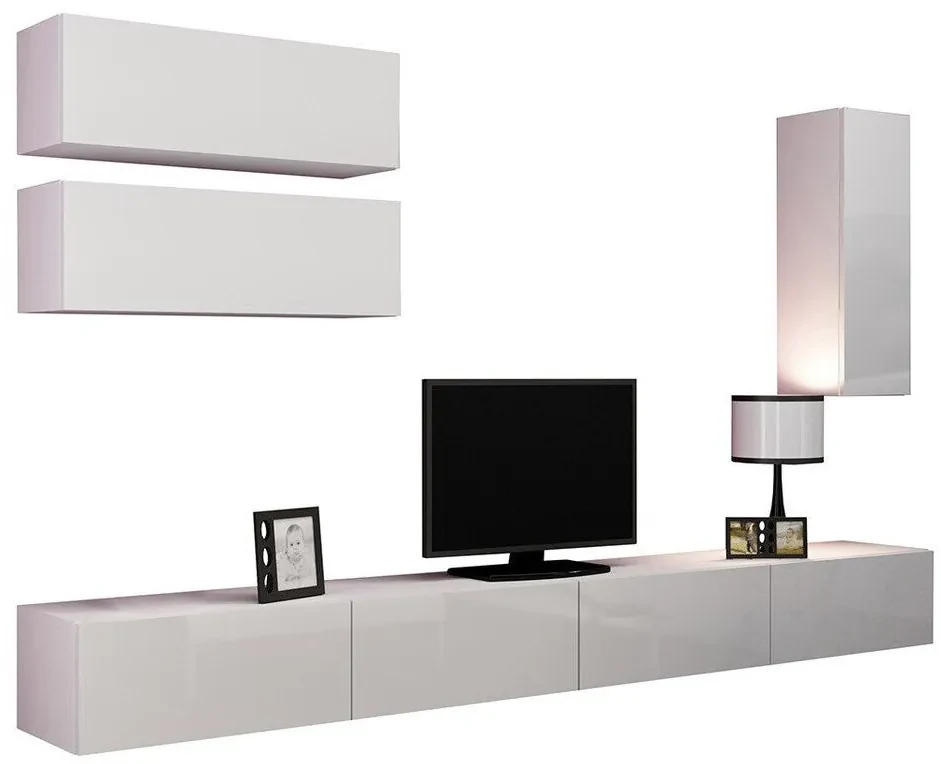 Camera de zi Charlotte A134Alb lucios, Alb, Cu componente suplimentare, Părți separate, Cu comodă tv, PAL laminat, MDF, 280x40cm, 111 kg
