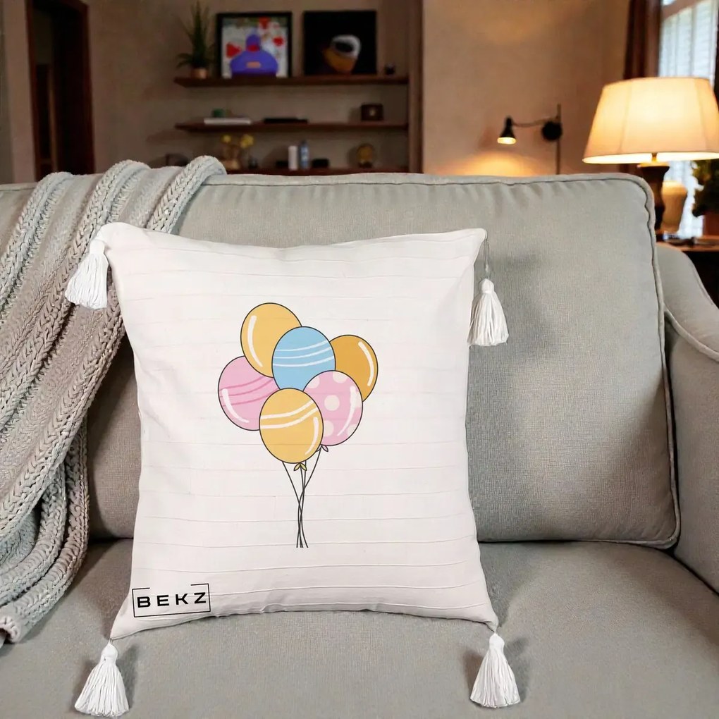 Perna Decorativa Baloane Petrecere, 40x40 cm, Bej cu Franjuri, Husa Detasabila, Perna Inclusa, BEKZ®