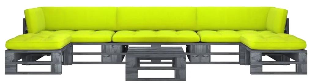 Set mobilier paleti cu perne, 6 piese, gri, lemn pin tratat verde aprins, 2x colt + mijloc + 2x suport pentru picioare + masa, Gri, 1