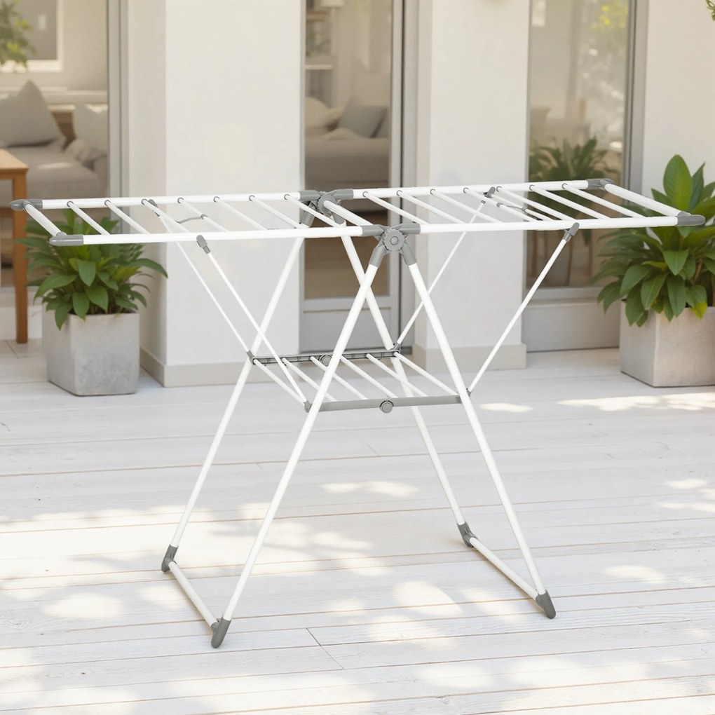 HOMCOM Uscător de Rufe cu 2 Niveluri Reglabil pe 4 Înălțimi Diferite, Uscător din Metal și Plastic, 156.5x61.5x97 cm, Alb | Aosom Romania
