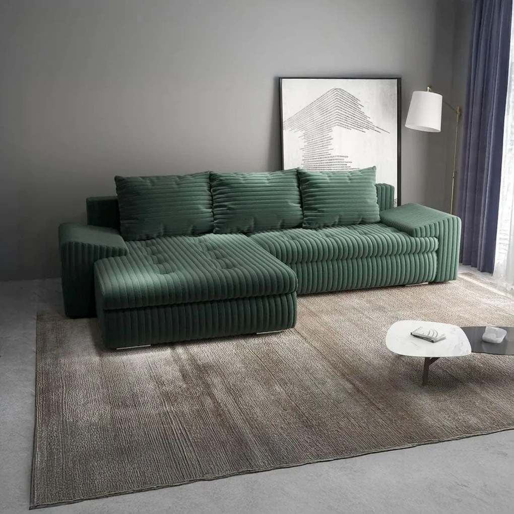 Colțar extensibil dumonde cu ladă de depozitare si sezut confortabil din spuma high-density, Leonardo Ambience Verde 260x185 cm