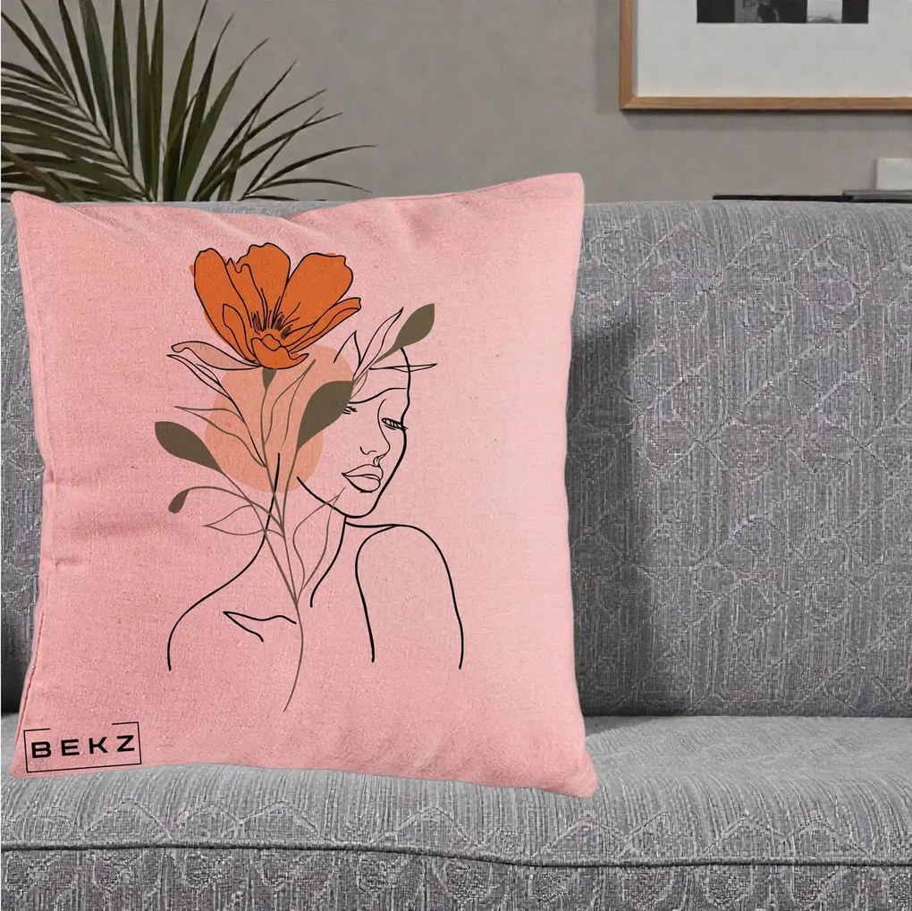 Perna Decorativa Portret Feminin Floare Portocalie, 40x40 cm, Roz, Husa Detasabila, Perna Inclusa, BEKZ®