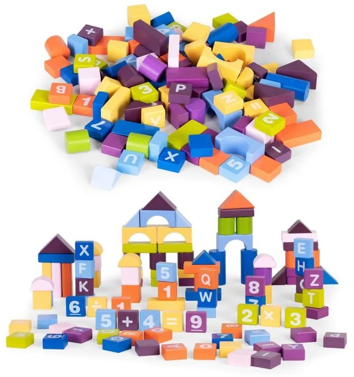 Set de construcții educaționale din lemn pentru copii - 108 piese colorate