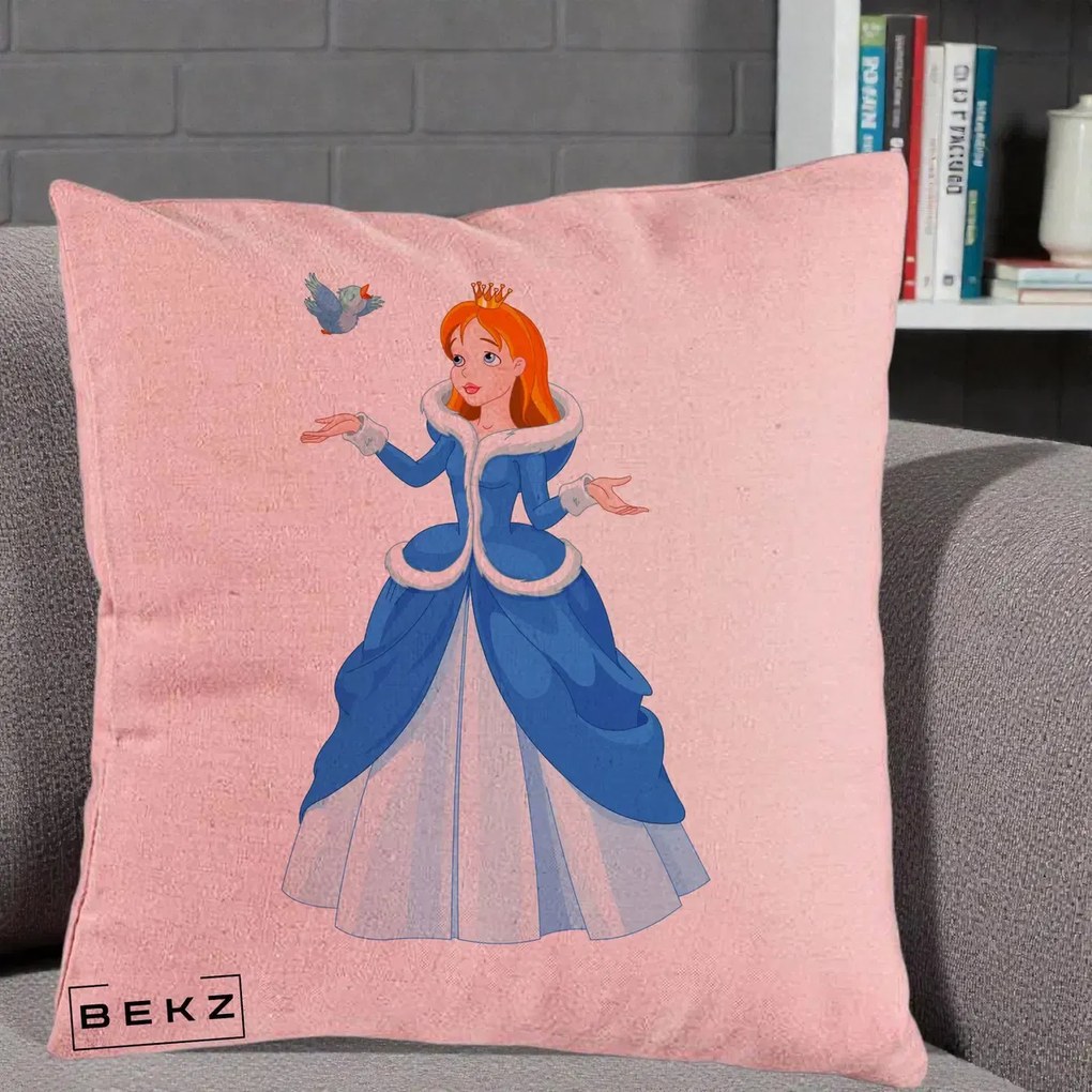 Perna Personalizata Printesa Albastra cu Pasare, 40x40 cm, Roz, Husa Detasabila, Perna Inclusa, BEKZ®