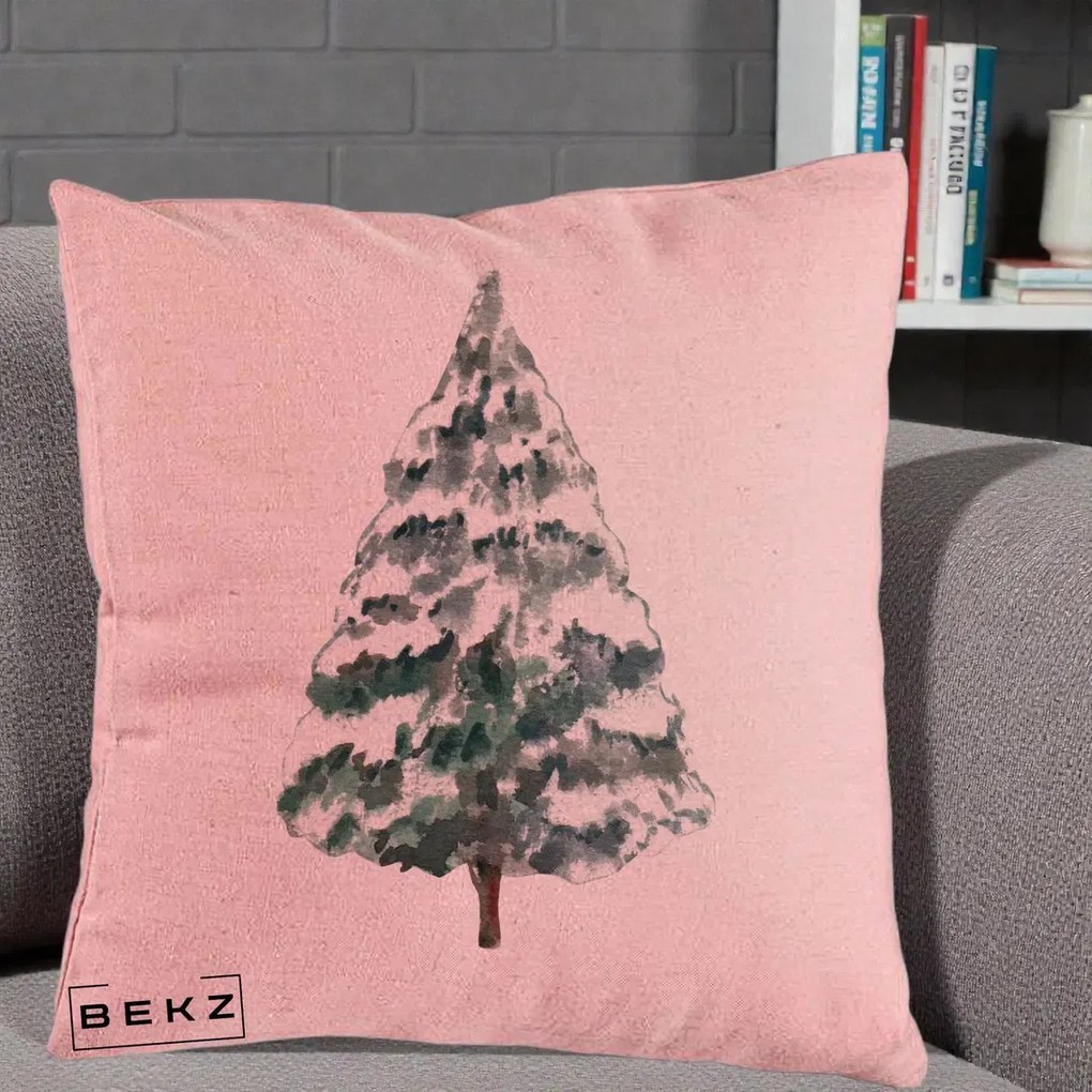 Perna Decorativa cu tematica de Craciun, Brad 2, 40x40 cm, Roz, Husa Detasabila, Perna Inclusa, BEKZ®