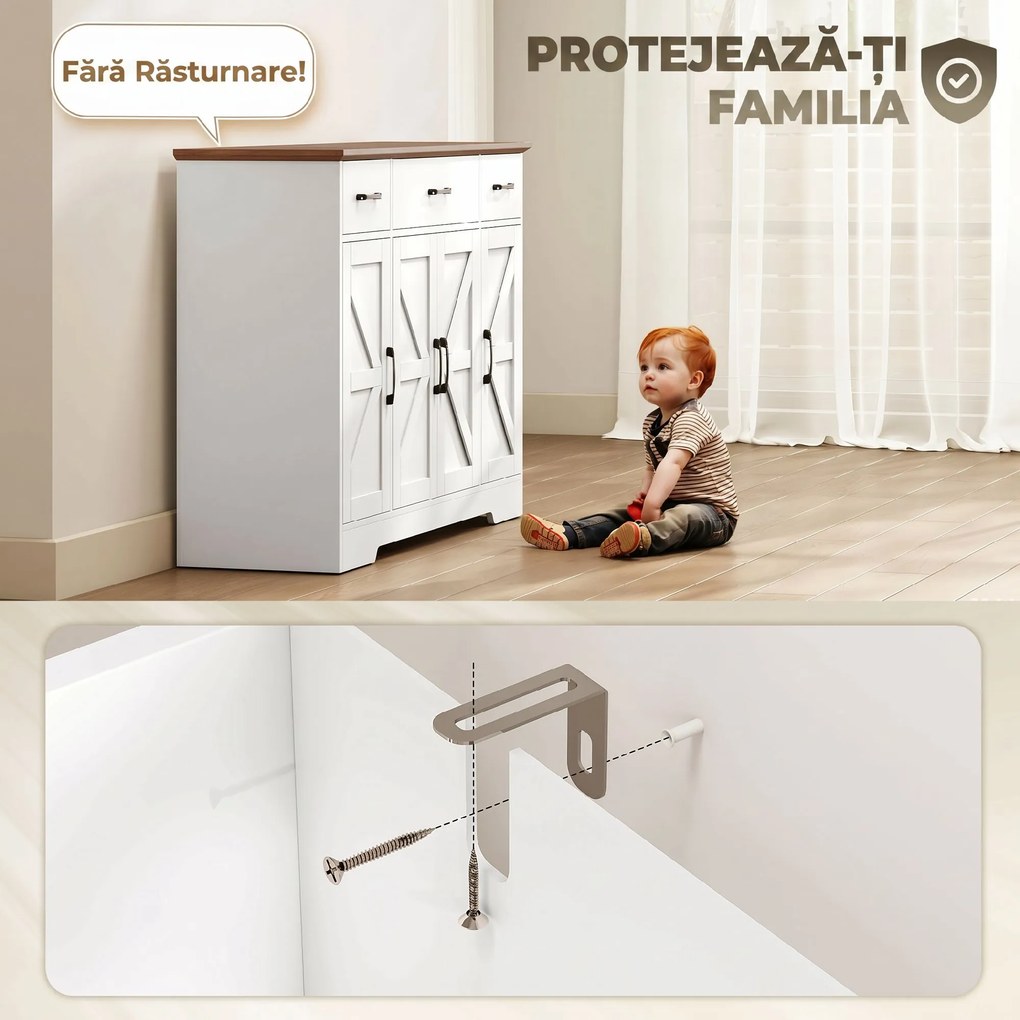 HOMCOM Bufet Bucătărie Rustic, Bufet cu Uși Soft-Close, 3 Sertare, 3 Rafturi Reglabile, Portaspecii, PAL, MDF, Alb | Aosom Romania