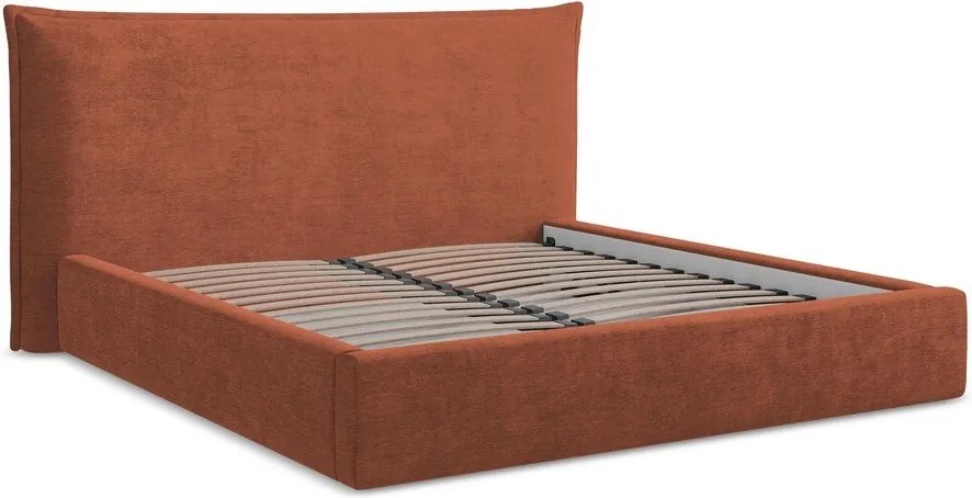 Pat matrimonial teracotă tapițat cu spațiu de depozitare cu somieră 160x200 cm Esala – Makamii