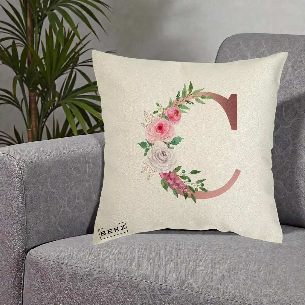 Cadou Personalizat - Perna Personalizata Monograma Rose Gold Litera C, 40x40 cm, Ecru, Husa Detasabila, Perna Inclusa, BEKZ®