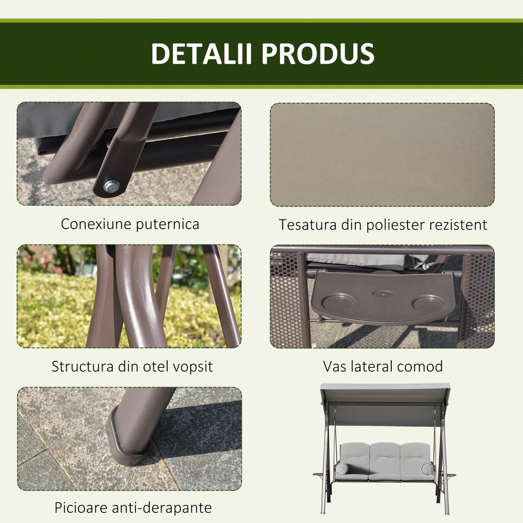 Outsunny Balansoar pentru 3 Persoane cu Acoperiș Reglabil și Suporturi Laterale, Gri Deschis | Aosom Romania