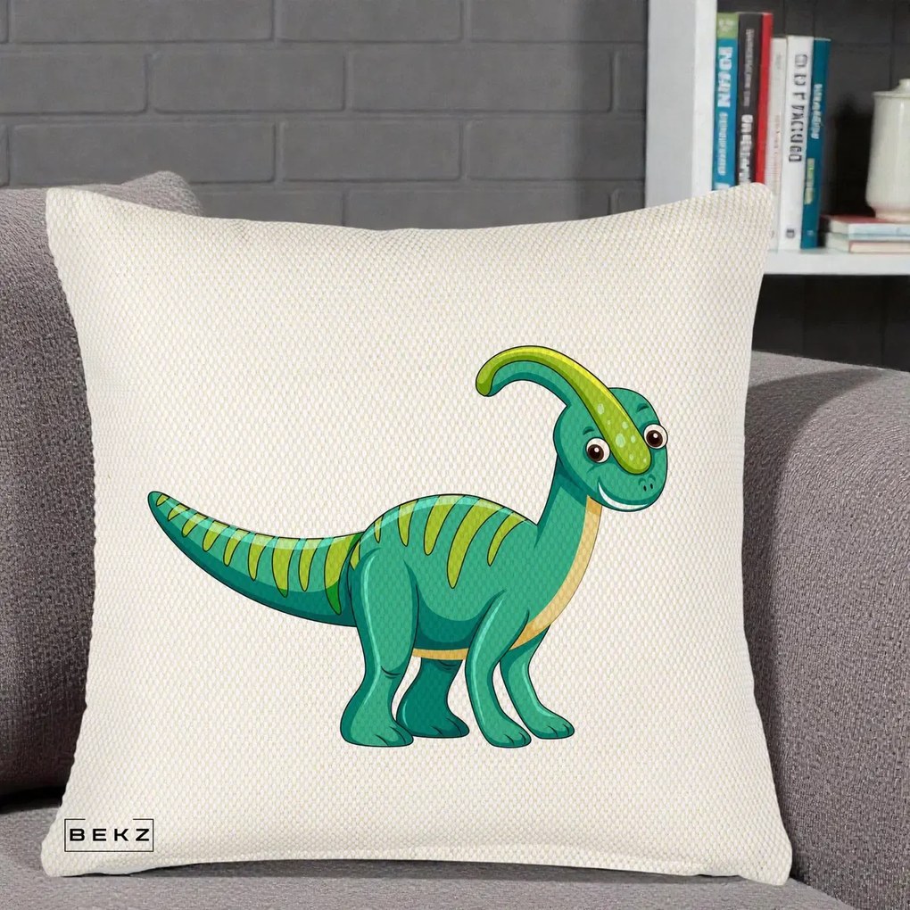 Perna Decorativa Parasaur Verde, 40x40 cm, Crem Reliefat, Husa Detasabila, Perna Inclusa, BEKZ®
