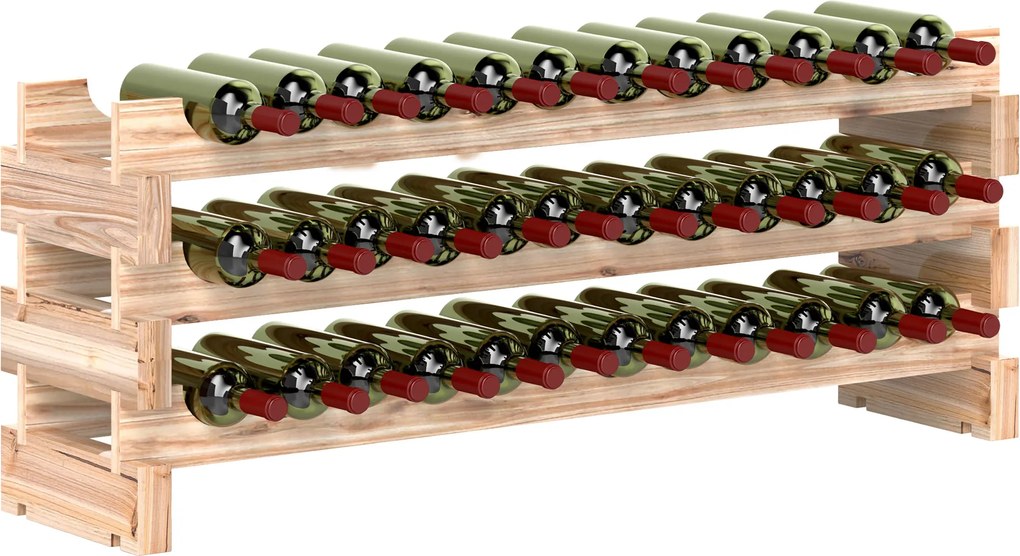 HOMCOM Suport pentru 36 sticle, etajeră pentru vin cu 3 niveluri modulare, 114×28×42,5cm, lemn natural | Aosom Romania