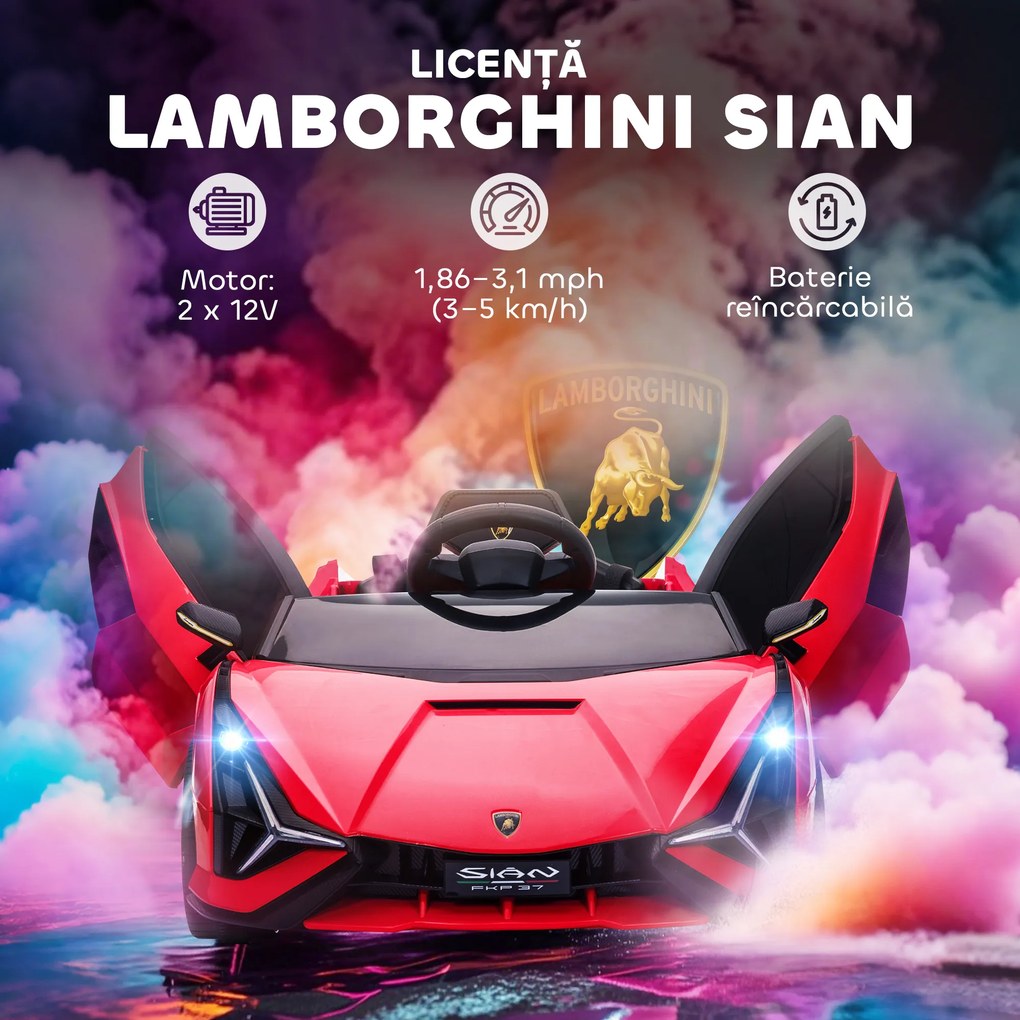 Masina electrica HOMCOM pentru copii 12V Lamborghini, telecomanda, viteza 3-8 km/h, 108x62x40cm, Rosie | Aosom Romania