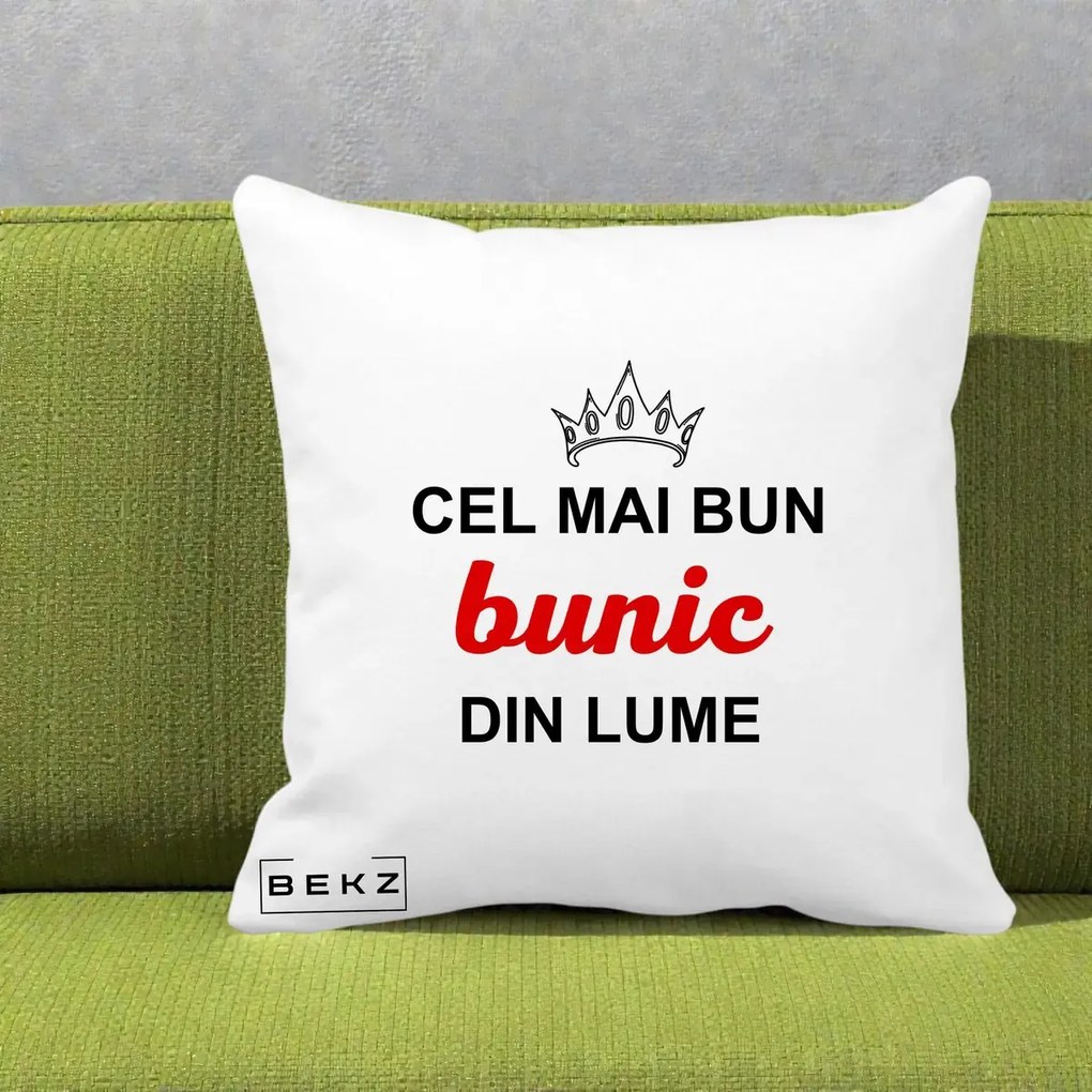 Cadou pentru Bunic - Perna Personalizata Cel Mai Bun Bunic Din Lume Coroana Rosu, 40x40 cm, Alba Mata, Husa Detasabila, Perna Inclusa, BEKZ®