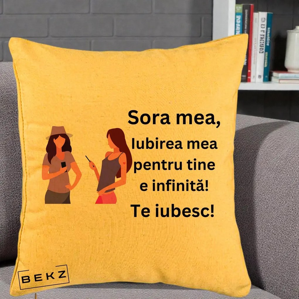Cadou pentru Sora - Perna Personalizata Sora Mea Te Iubesc Doua Fete cu Telefoane, 40x40 cm, Galben, Husa Detasabila, Perna Inclusa, BEKZ®