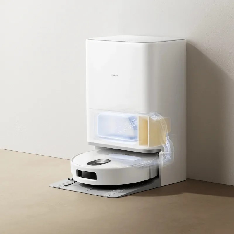 Aspirator robot Xiaomi Robot Vacuum 5 EU OV31GL, 55 W, 20000 Pa, 140 min, recunoaștere AI, stație automată de spălare și uscare, navigație laser dToF, apă caldă 80 °C, alb